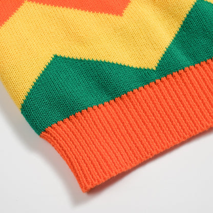 Polo tricoté vintage à col en V pour hommes orange jacquard