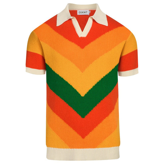 Polo tricoté vintage à col en V rayé multicolore pour hommes