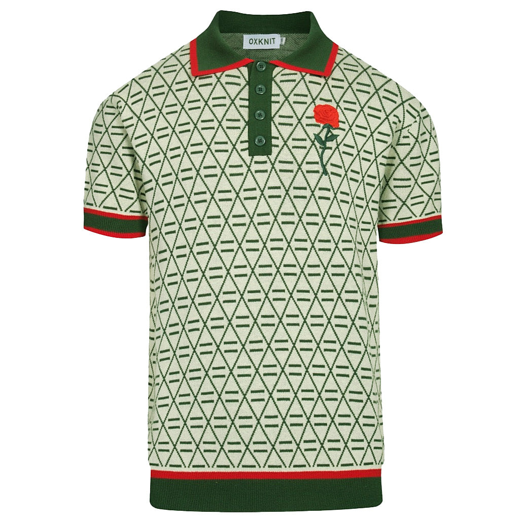 Polo vintage graphique brodé vert pour homme à col en V