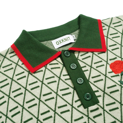 Polo vintage graphique brodé vert pour homme à col en V