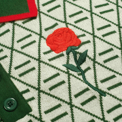 Polo vintage graphique brodé vert pour homme à col en V