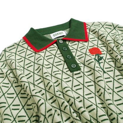 Polo vintage graphique brodé vert pour homme à col en V