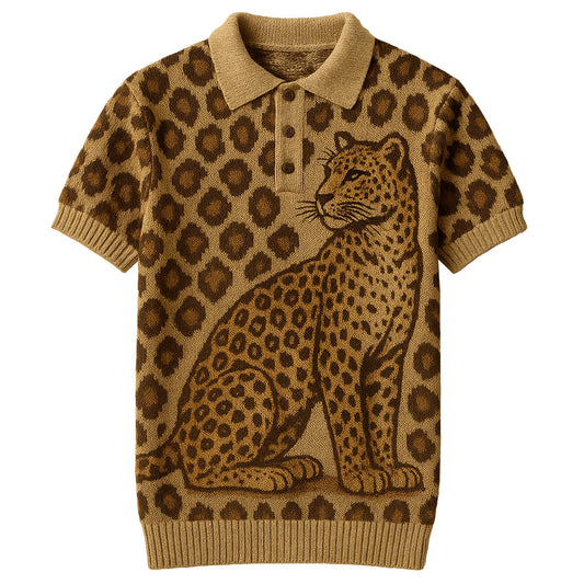 Polo en jacquard tricoté tigre léopard kaki pour hommes