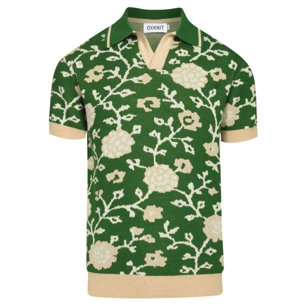 Polo tricoté à col V en jacquard floral vert pour homme