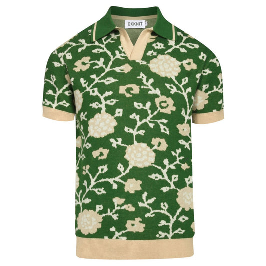 Polo tricoté à col V en jacquard floral vert pour homme