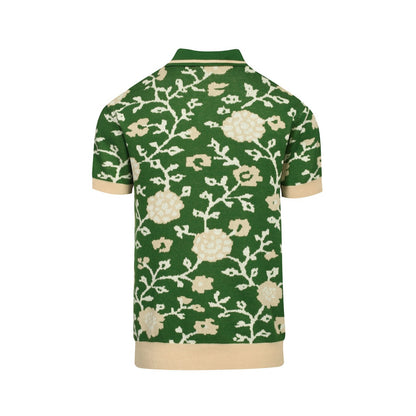 Polo tricoté à col V en jacquard floral vert pour homme