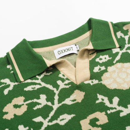 Polo tricoté à col V en jacquard floral vert pour homme