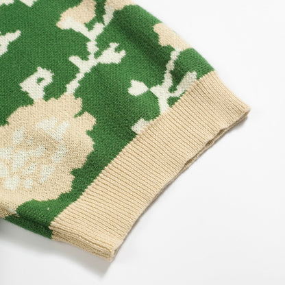 Polo tricoté à col V en jacquard floral vert pour homme