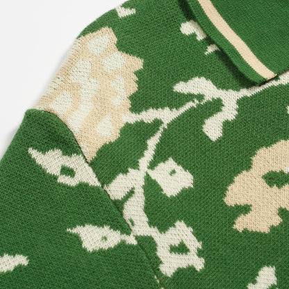 Polo tricoté à col V en jacquard floral vert pour homme