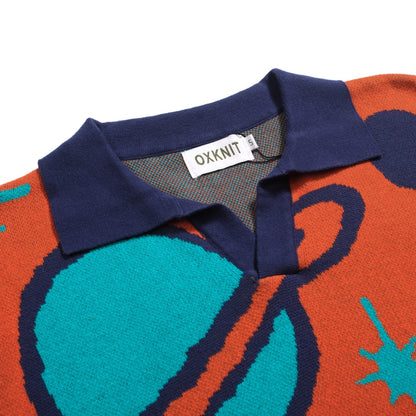 Polo vintage à col en V tricoté pour hommes, orange