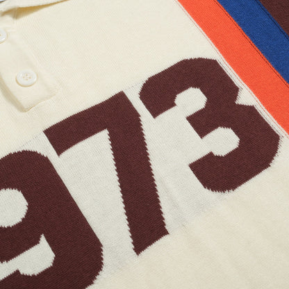 Polo tricoté vintage jacquard 1973 pour hommes en blanc abricot