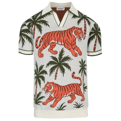 Polo V en jacquard animalier blanc abricot pour hommes