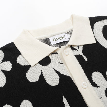 Cardigan tricot vintage floral noir pour hommes