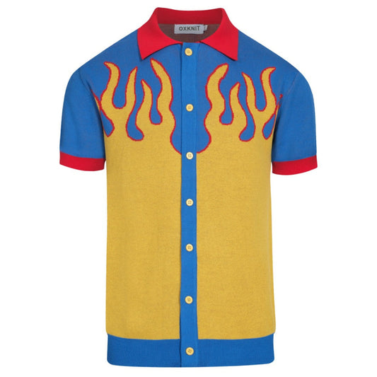 Chemise en tricot jacquard rétro à flammes bleues pour hommes