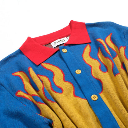Chemise en tricot jacquard rétro à flammes bleues pour hommes