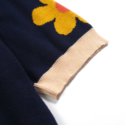 Chemise tricotée vintage jacquard V en bleu fleuri pour homme