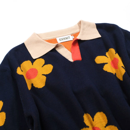 Chemise tricotée vintage jacquard V en bleu fleuri pour homme