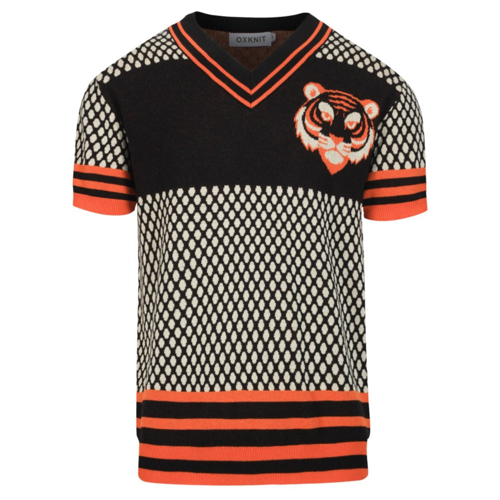 T-shirt en V tricoté jacquard rétro pour hommes