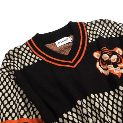 T-shirt en V tricoté jacquard rétro pour hommes