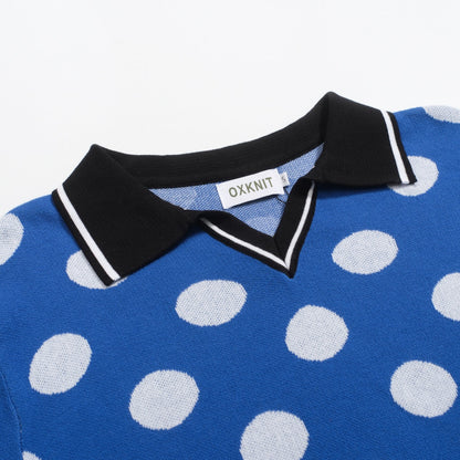 Polo rétro en jacquard bleu à pois pour hommes