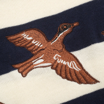 T-shirt tricoté à broderie animale rayé bleu marine pour hommes