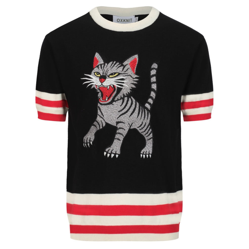 T-shirt tricoté noir pour homme avec broderie de chat