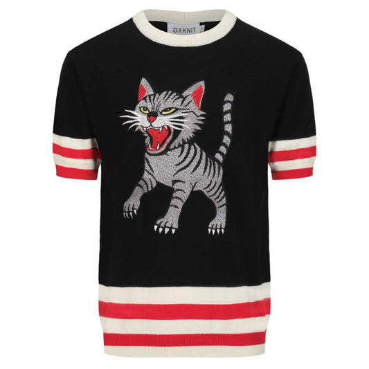 T-shirt tricoté noir pour homme avec broderie de chat