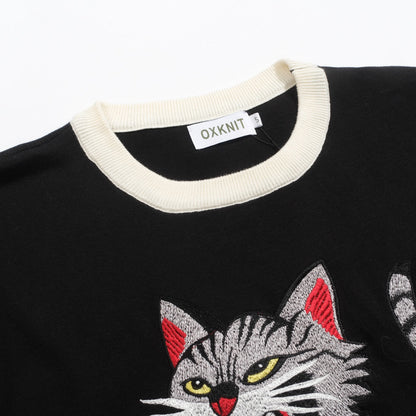 T-shirt tricoté noir pour homme avec broderie de chat