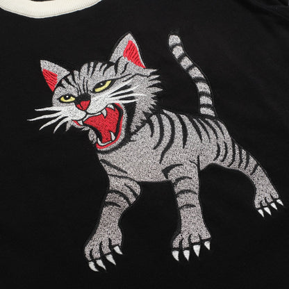 T-shirt tricoté noir pour homme avec broderie de chat