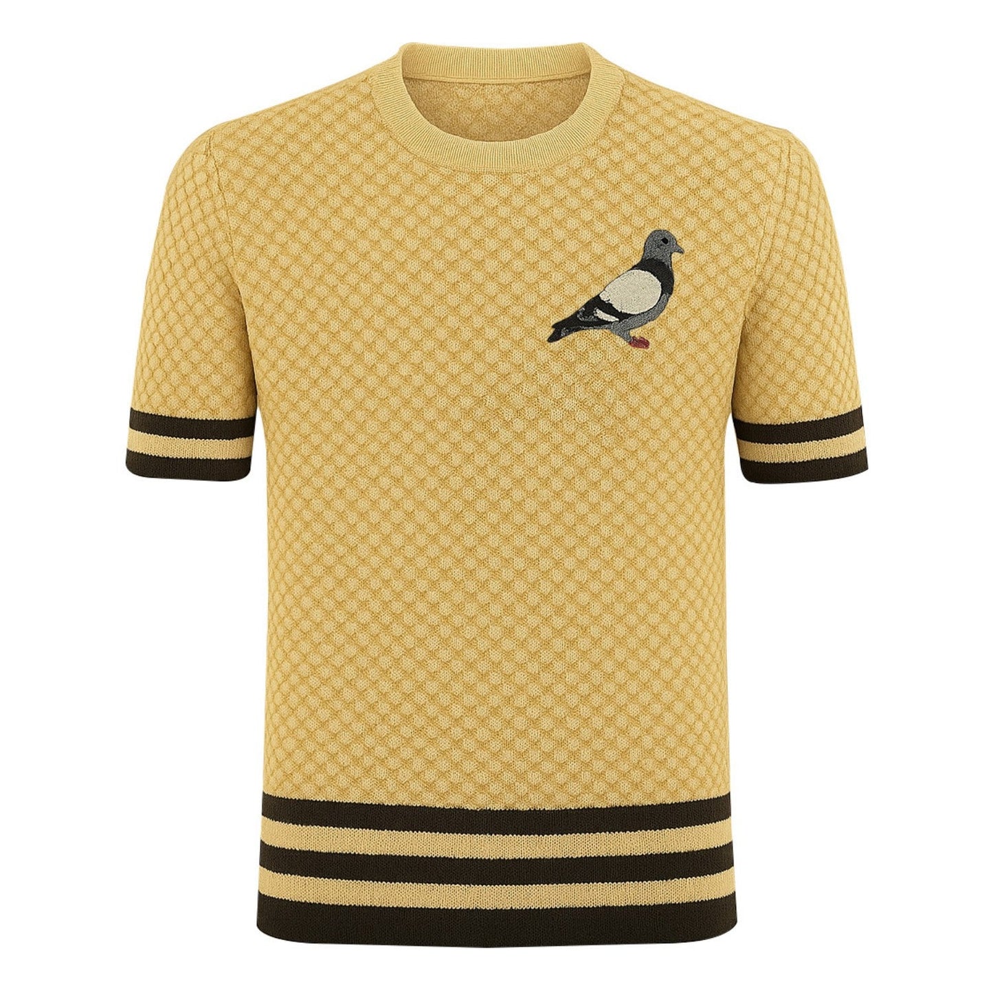 T-shirt tricoté vintage jaune pour hommes avec broderie jacquard