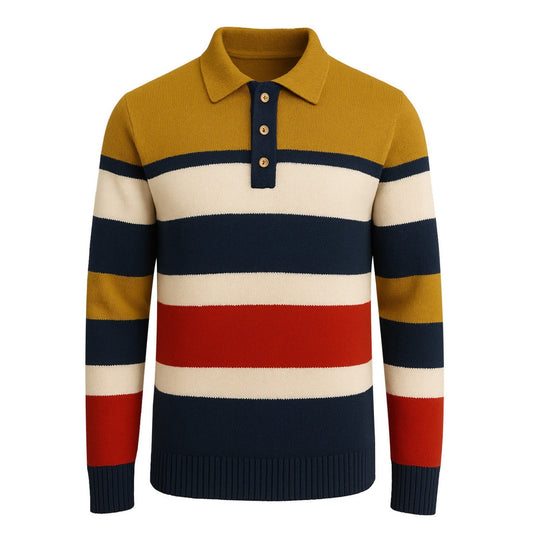 Polo tricoté rétro à rayures multicolores pour hommes