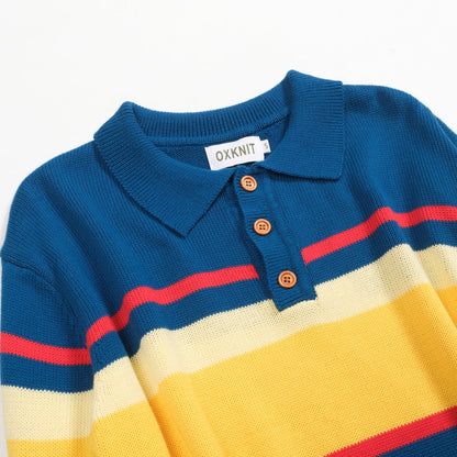 Polo tricoté rétro rayé bleu pour hommes