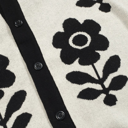 Cardigan vintage tricoté noir à fleurs pour hommes