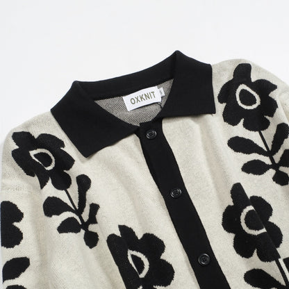 Cardigan vintage tricoté noir à fleurs pour hommes