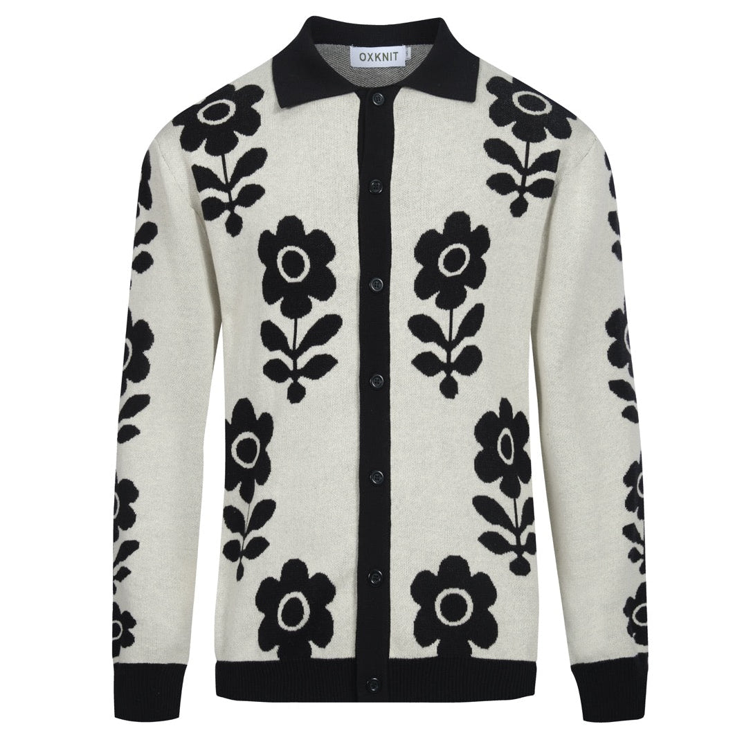Cardigan vintage tricoté noir à fleurs pour hommes