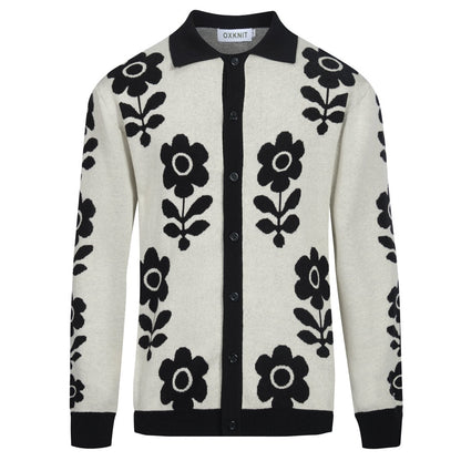 Cardigan vintage tricoté noir à fleurs pour hommes