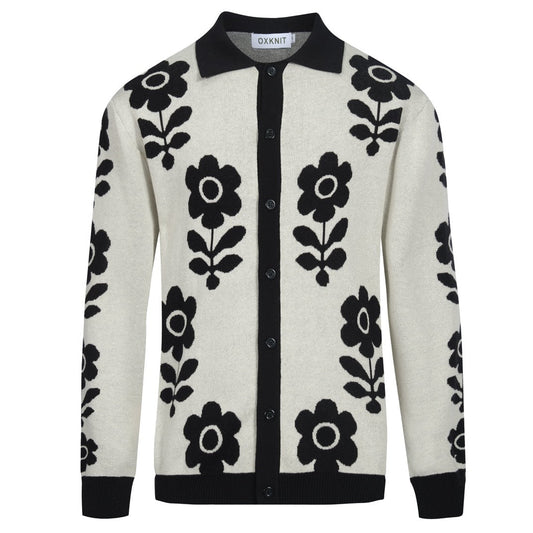 Cardigan vintage tricoté noir à fleurs pour hommes
