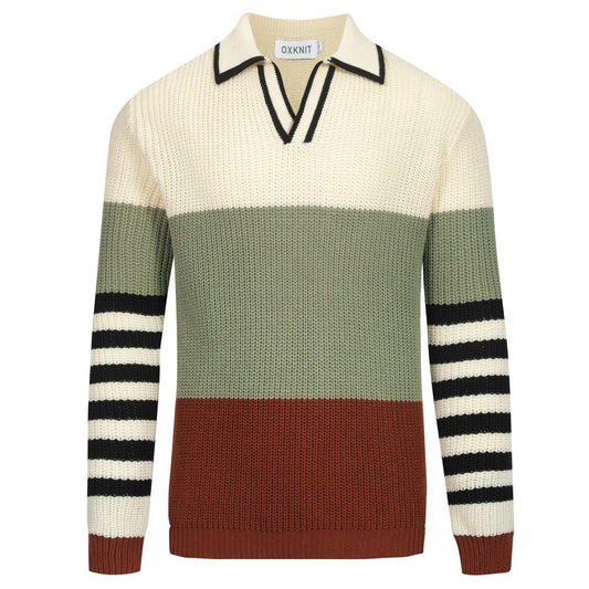 Polo vintage tricoté à rayures multicolores pour hommes