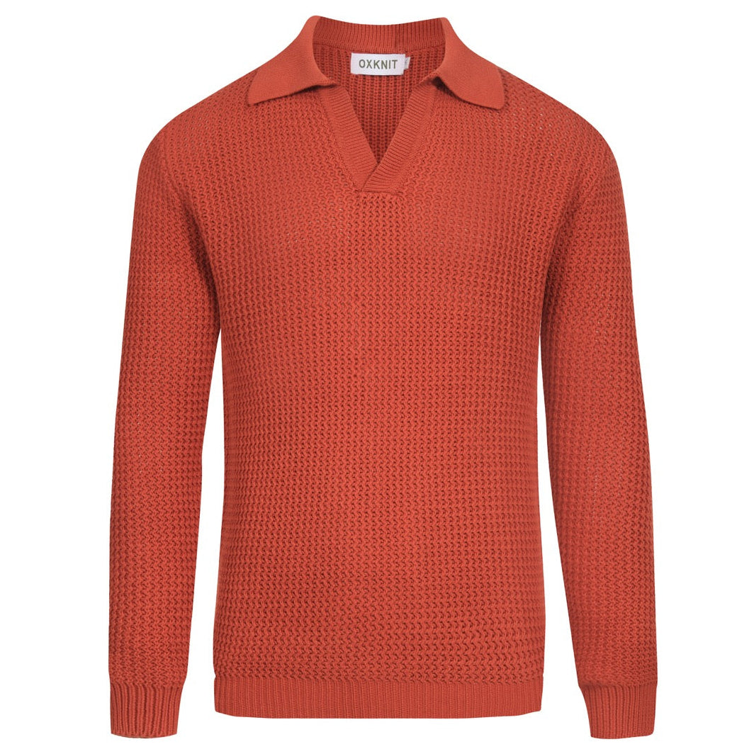 Polo vintage en tricot V en laine orange brun