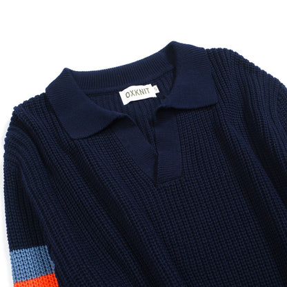 Pull rétro décontracté V en tricot bleu marine pour hommes