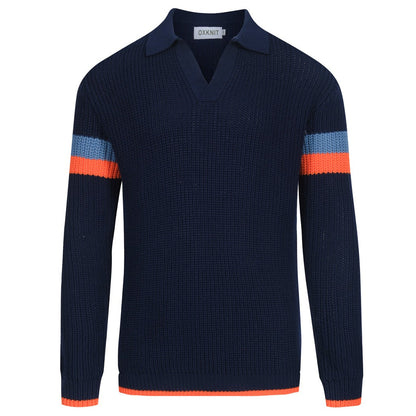 Pull rétro décontracté V en tricot bleu marine pour hommes
