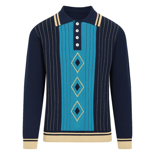 Polo tricoté rétro rayé bleu marine pour homme