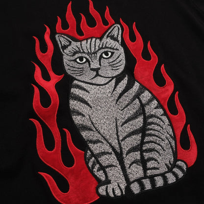 T-shirt en tricot jacquard Flamme de chat pour hommes, brodé en rose