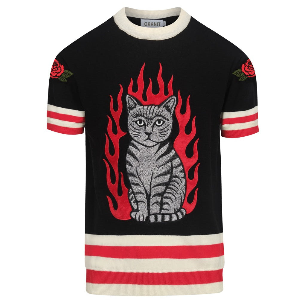 T-shirt en tricot jacquard Flamme de chat pour hommes, brodé en rose