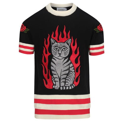 T-shirt en tricot jacquard Flamme de chat pour hommes, brodé en rose