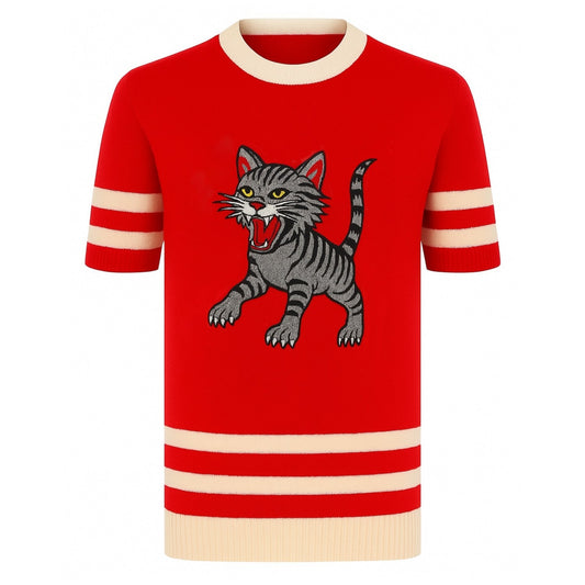 T-shirt en tricot rouge pour homme avec broderie de chat