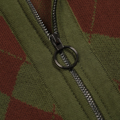 Cardigan zippé en tricot à carreaux diamant vintage vert pour hommes