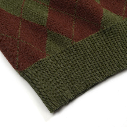 Cardigan zippé en tricot à carreaux diamant vintage vert pour hommes