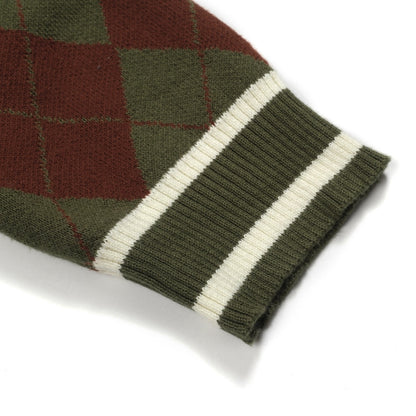 Cardigan zippé en tricot à carreaux diamant vintage vert pour hommes