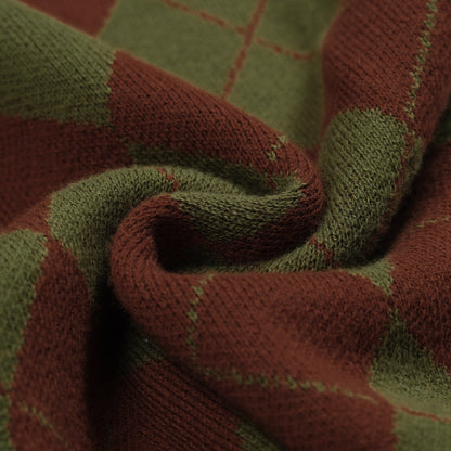 Cardigan zippé en tricot à carreaux diamant vintage vert pour hommes